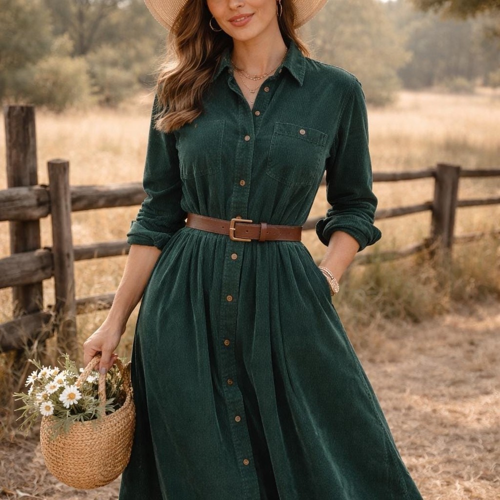 Green corduroy dress Eddie Bauer collared button front shirt dress and POCKETS!